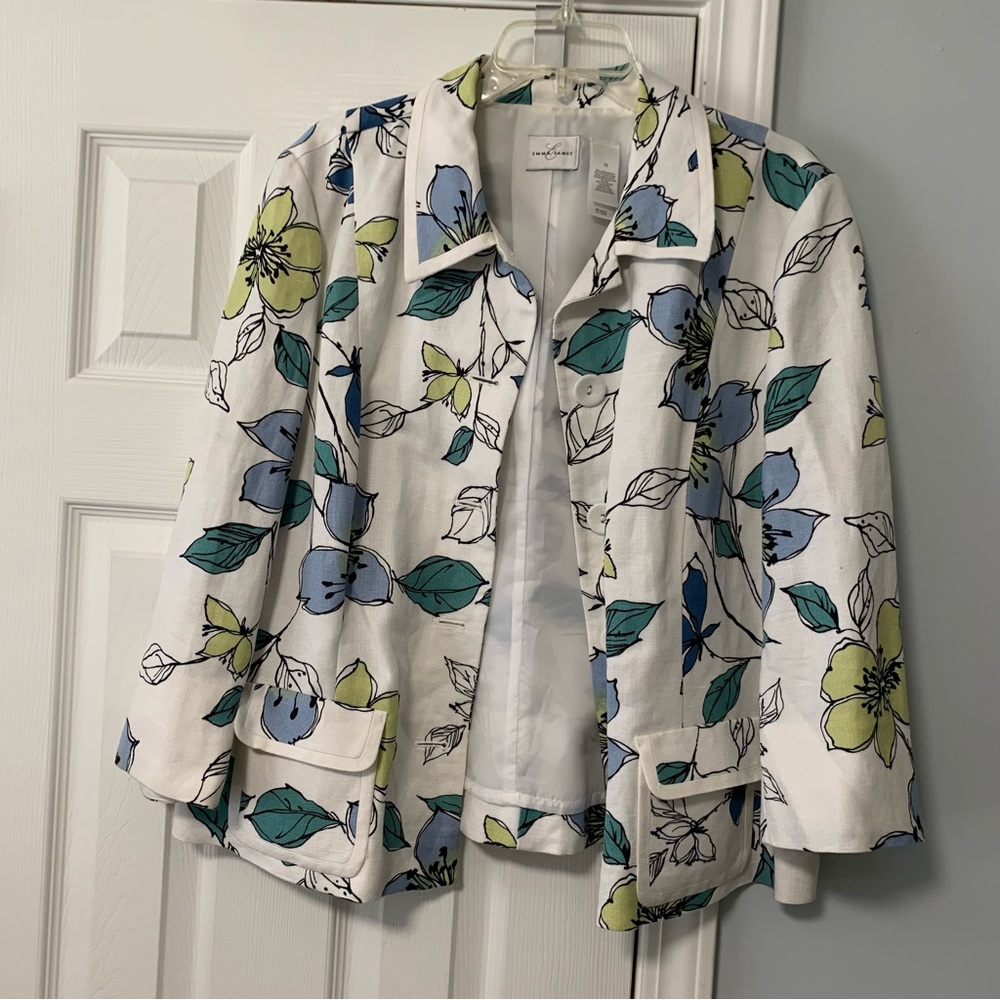 Emma James Sz 16 Floral Women's Jacket - White, Blue, Green